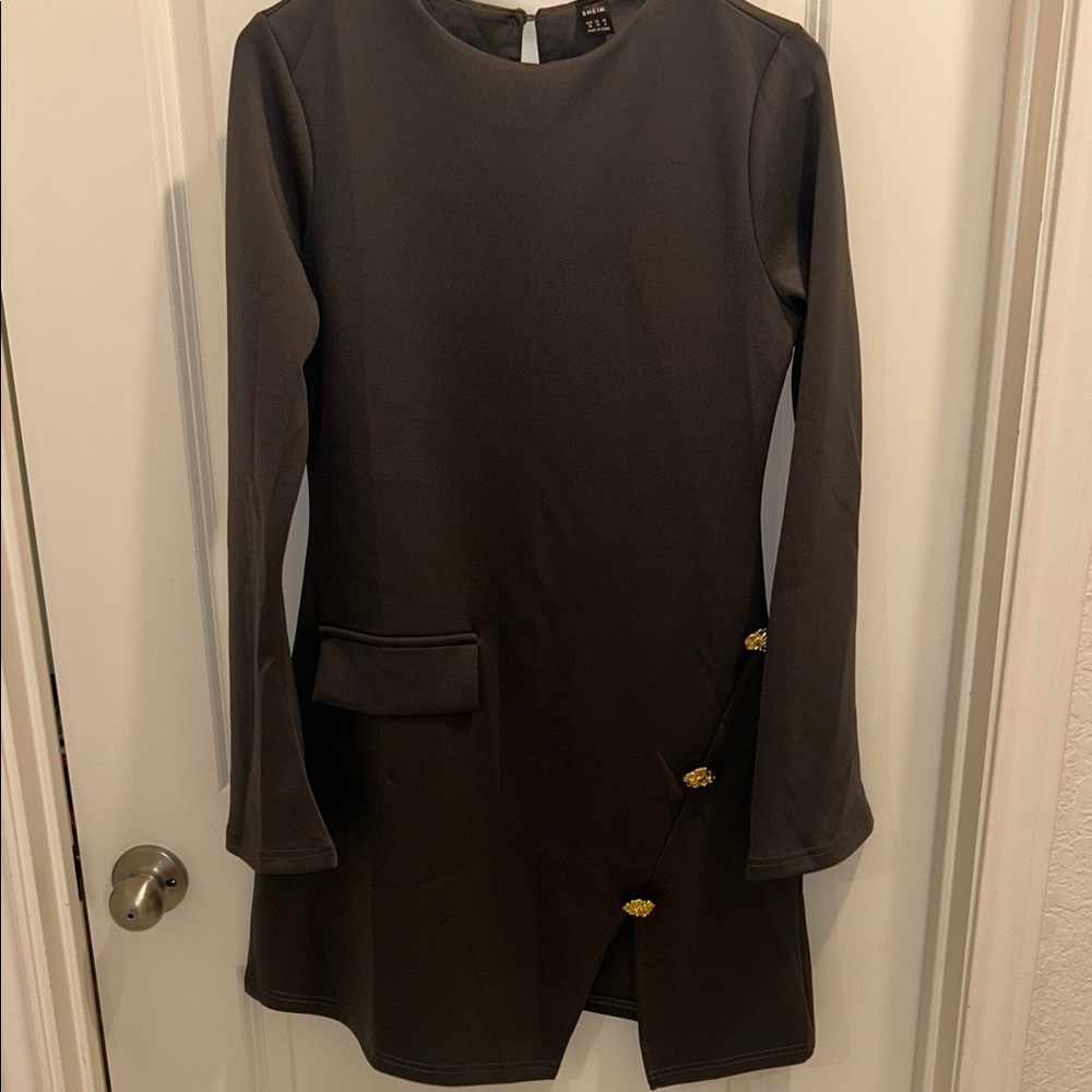 SHEIN Black Long Sleeve Shift Dress with Gold Button Detail
